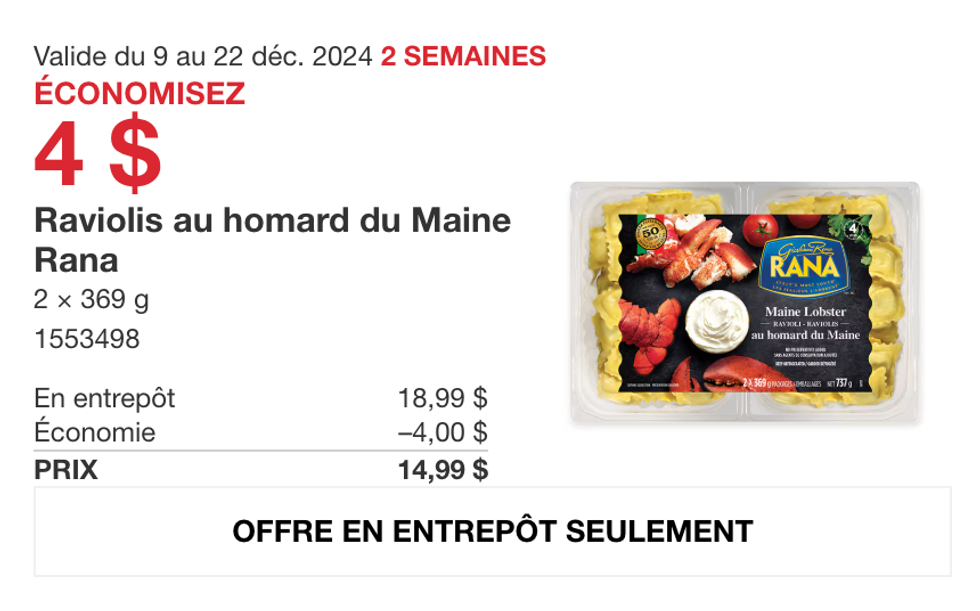 Raviolis au homard Maine Rana en rabais sur le site de Costco Canada.