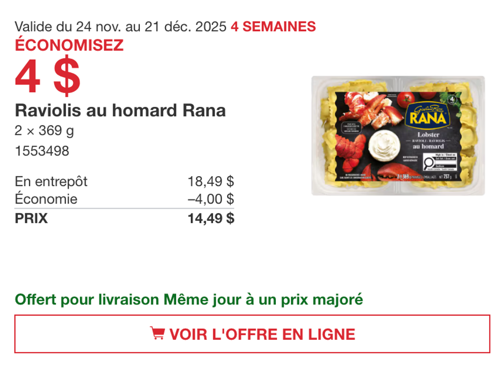 Raviolis au homard Rana sur le site de Costco.