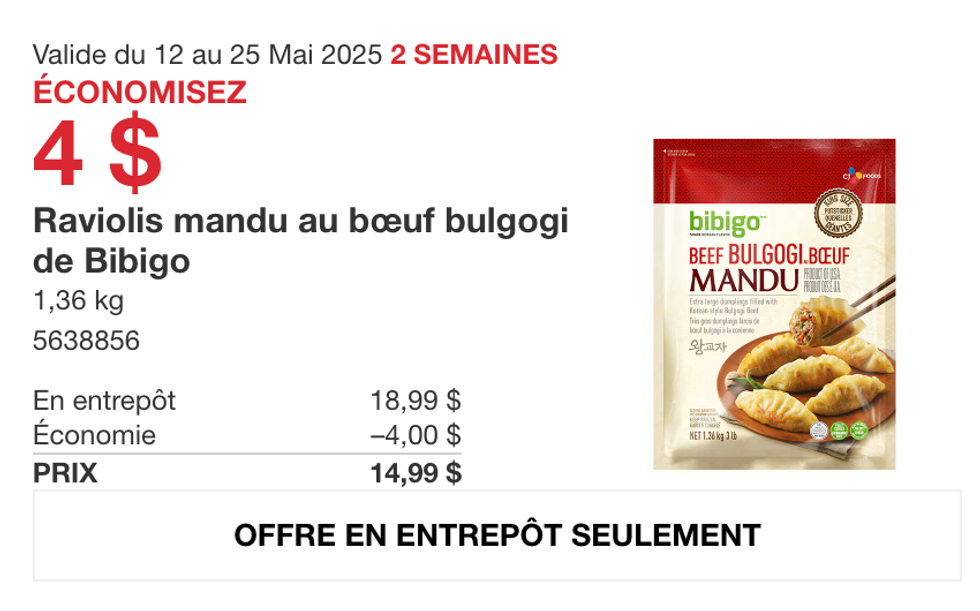 Raviolis mandu au b\u0153uf bulgogi de Bibigo dans la circulaire en ligne du Costco.