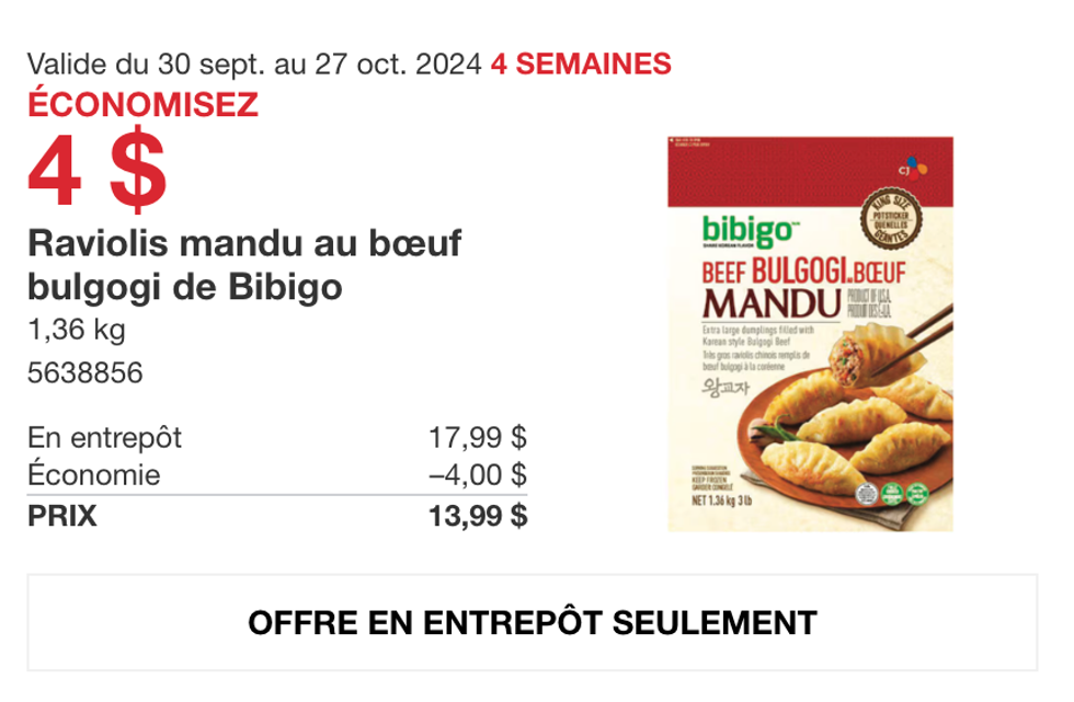 Raviolis mandu au boeuf bulgogi de Bibigo en rabais au Costco.
