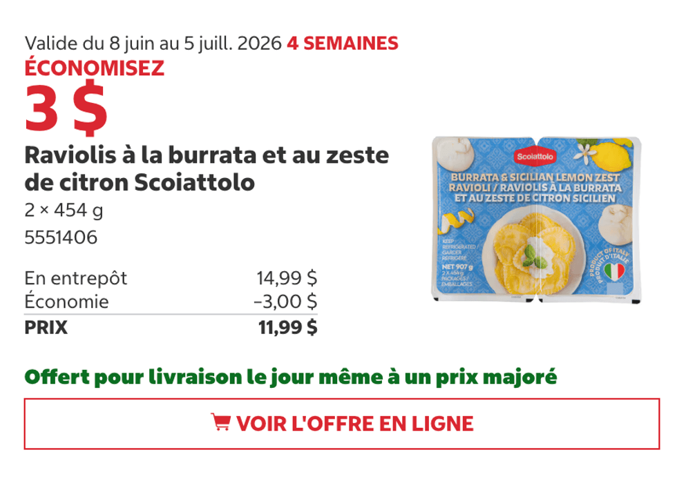 Raviolis \u00e0 la burrata et au zeste de citron Scoiattolo au Costco.