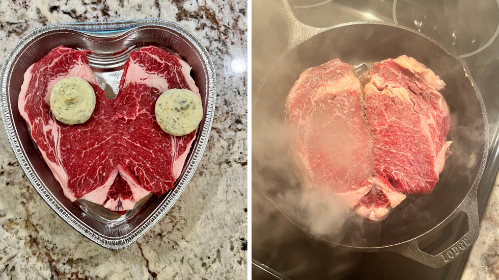 Raw steak. Right: Steak cooking in a skillet.