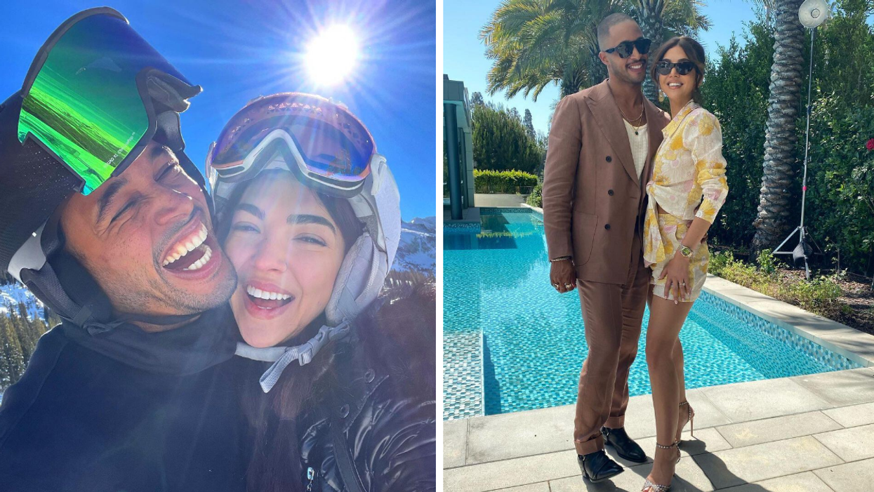 Ray Jimenez and Eilyn Jimenez laughing together. Right: Ray Jimenez and Eilyn Jimenez all dressed up.