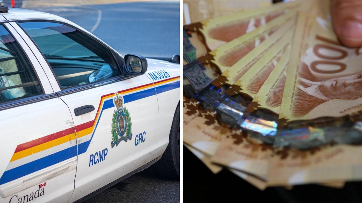 RCMP car in BC. Right: Canadian $100 bills.