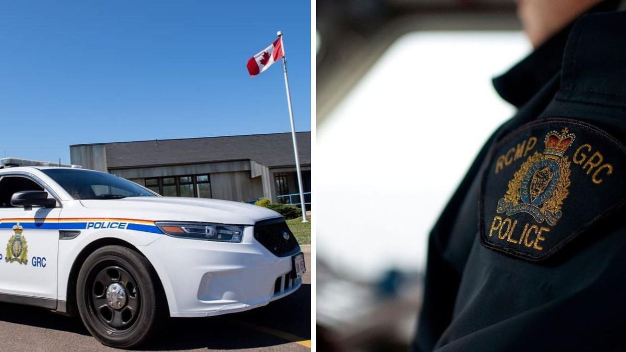 RCMP car outside of a police station. Right: RCMP patch on an officer's jacket.
