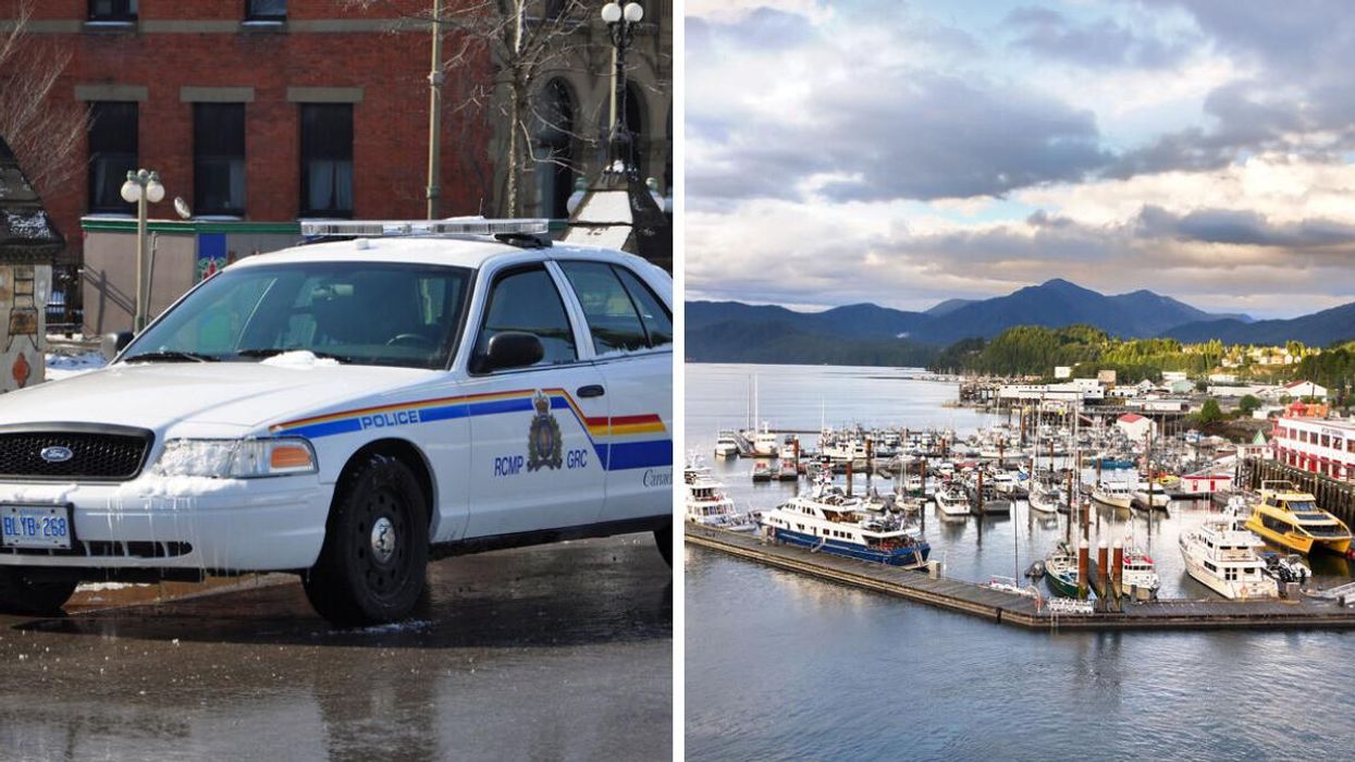 RCMP car. Right: Harbour in Prince Rupert, B.C.