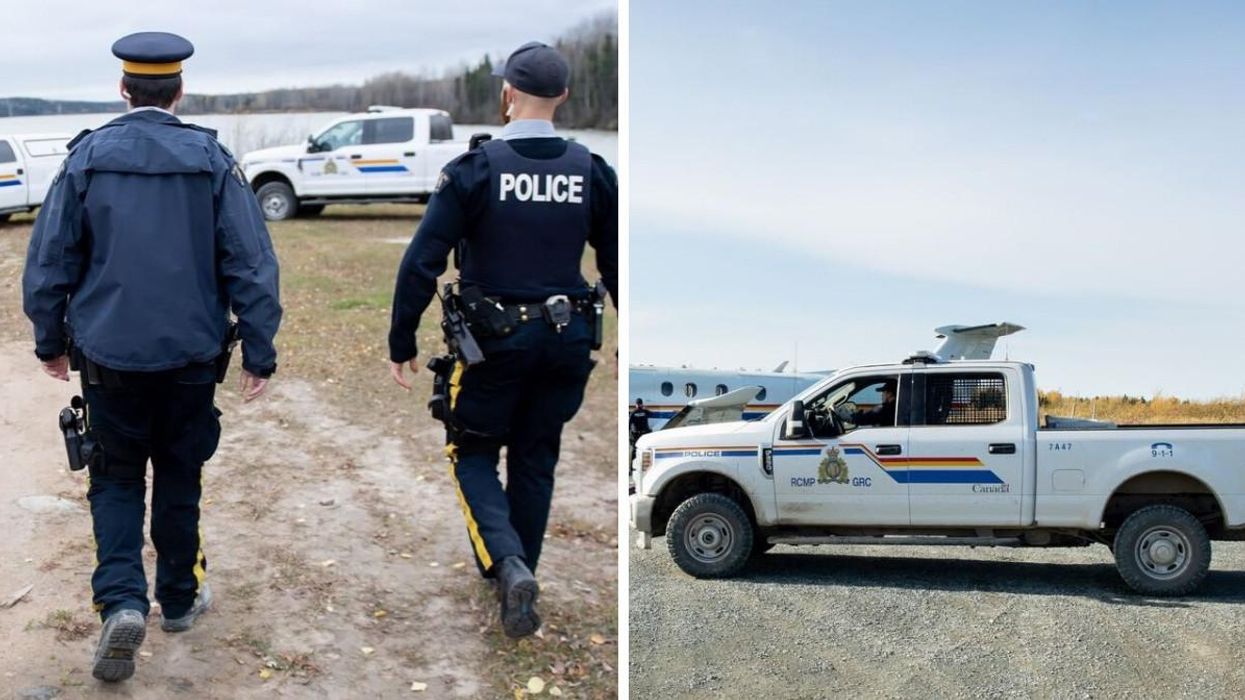 RCMP officers. Right: A RCMP vehicle.