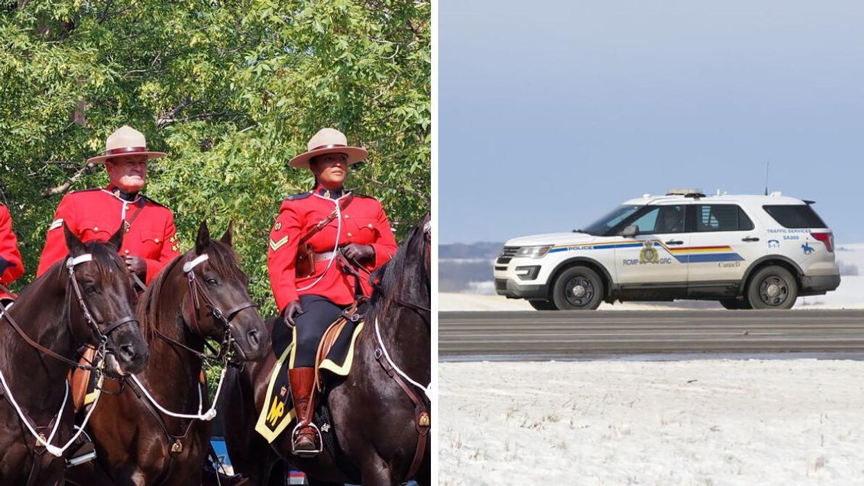 RCMP officers. Right: An RCMP vehicle.