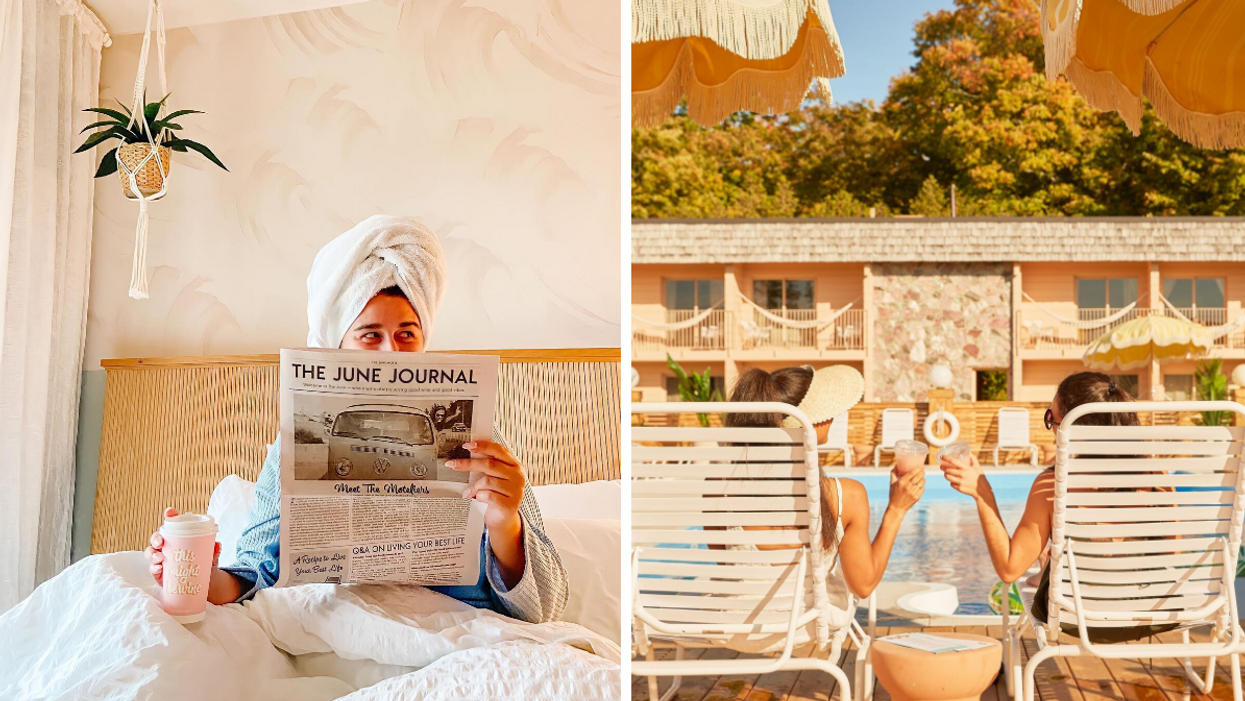 Reading paper inside the June Motel. Right: Sipping wine poolside at in Sauble Beach.