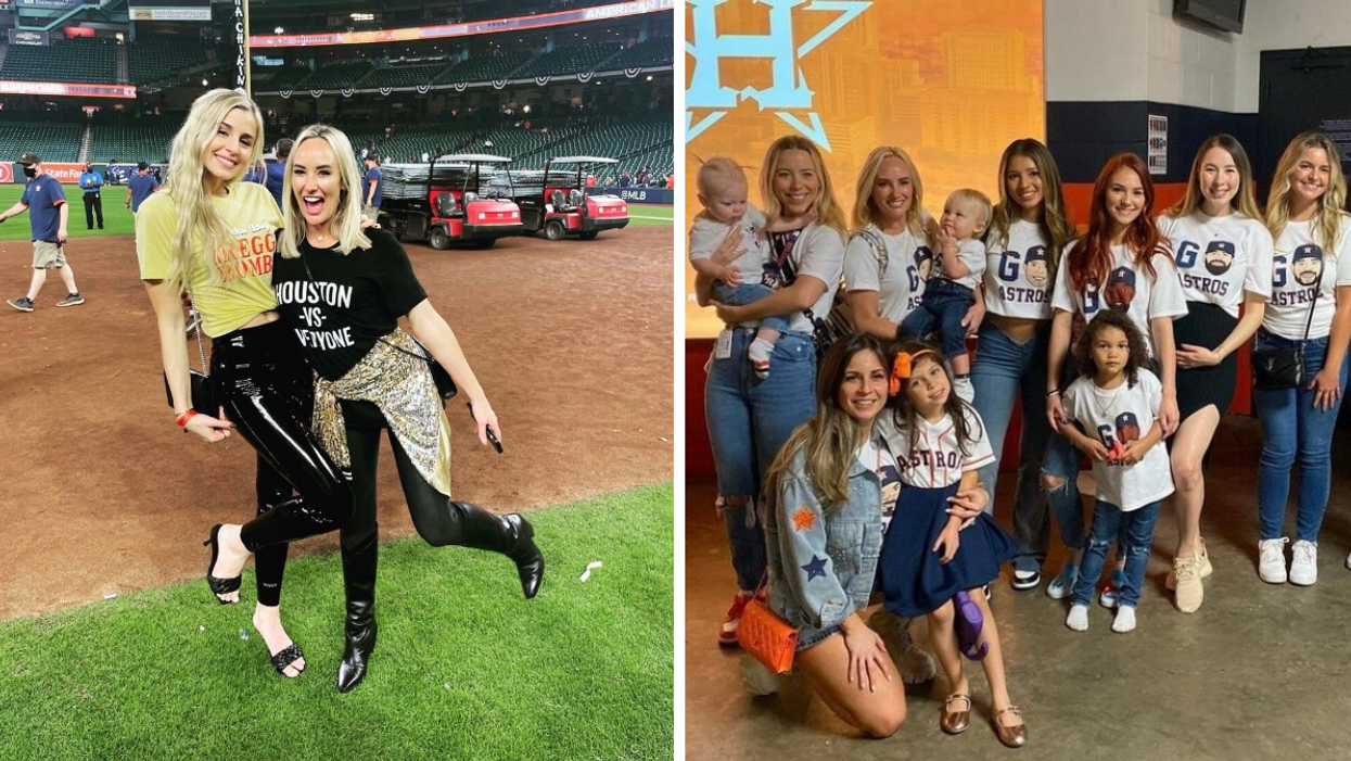 Reagan Bregman and Kat Pressly at the Minute Maid Park in Houston, TX. Right: Some of the Houston Astros' spouses at a game in Houston, TX.