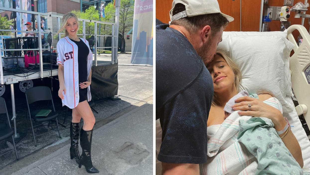 Reagan Bregman at a Houston Astros game. Right: Alex and Reagan Bregman after the birth of their son, Knox.