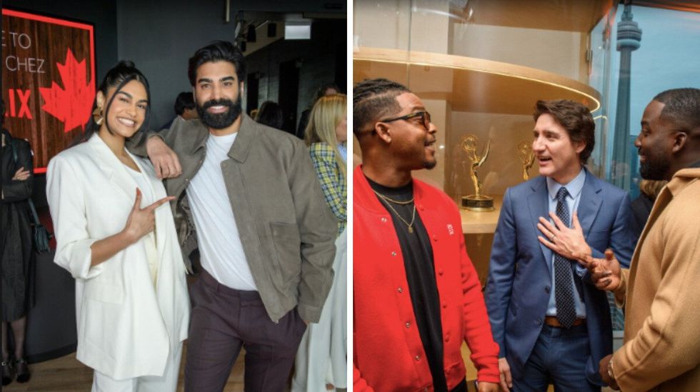Rebecca Ablack and Raymond Ablack. Right: PM Trudeau with Stephan James and Shamier Anderson.