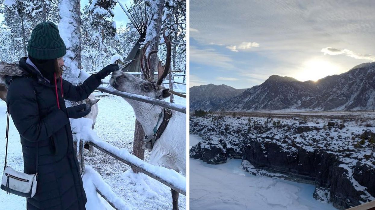 Rebecca Grenham feeding a reindeer. Right: A snowy mountainous landscape.