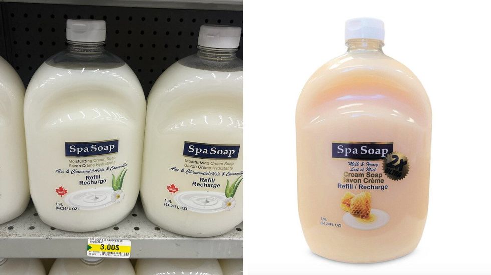 Recharge de savon \u00e0 main cr\u00e8me SpaSoap au Dollarama. Droite : Recharge de savon \u00e0 main cr\u00e8me SpaSoap sur le site de Canadian Tire.