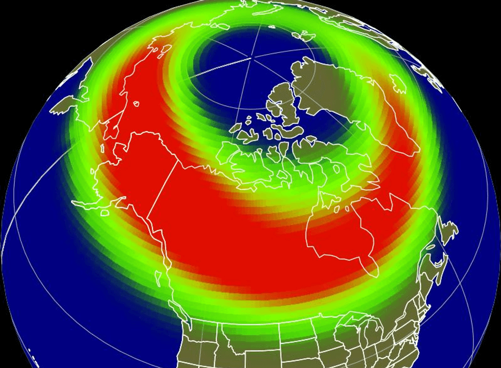 red and green auroral oval on noaa northern lights forecast map
