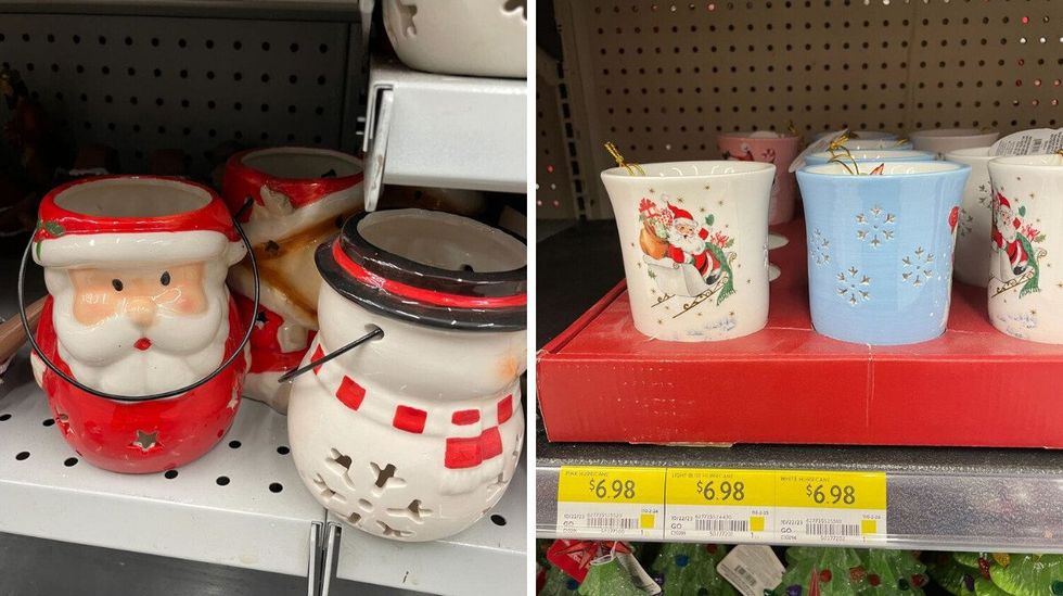 red and white santa and snowman candle holders on a shelf at dollarama. right: white and blue santa and snowflake candle holders on a shelf at walmart