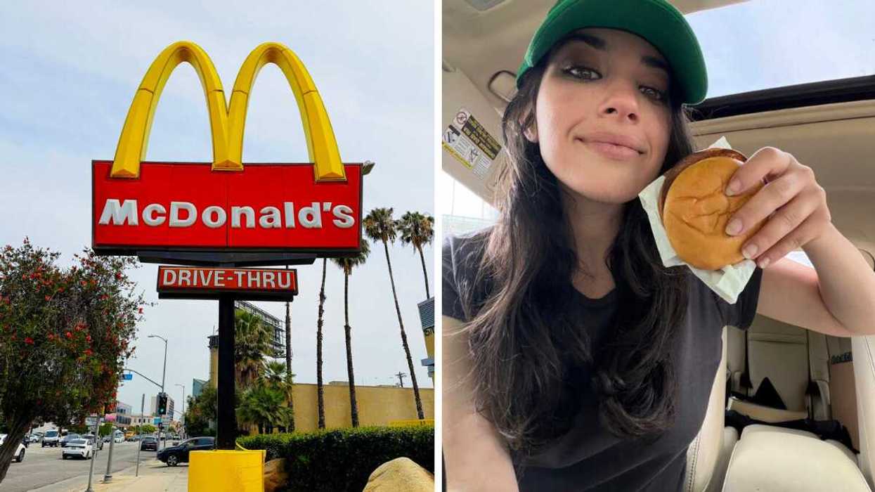 Red and Yellow McDonald's Drive Thru sign with blue sky and palm trees in the background. Right: Girl in grey top takes selfie with McDonald's Big Mac and green baseball hat.