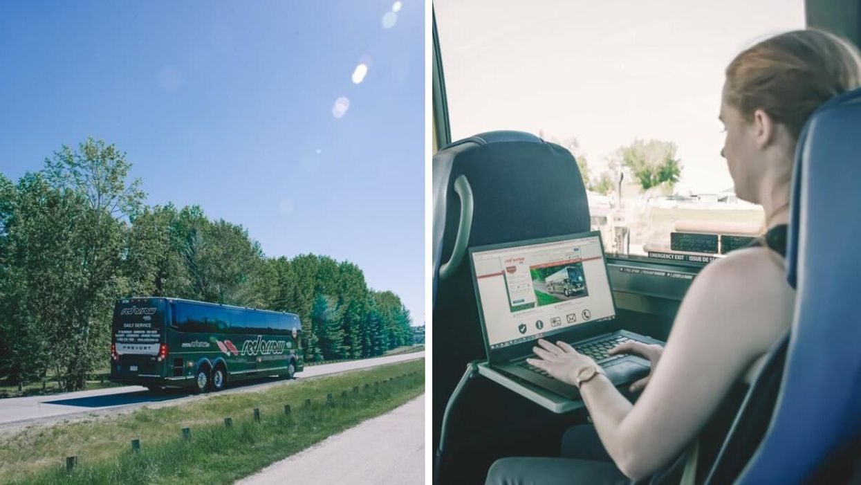Red Arrow bus. Right: Woman sitting on a bus typing.