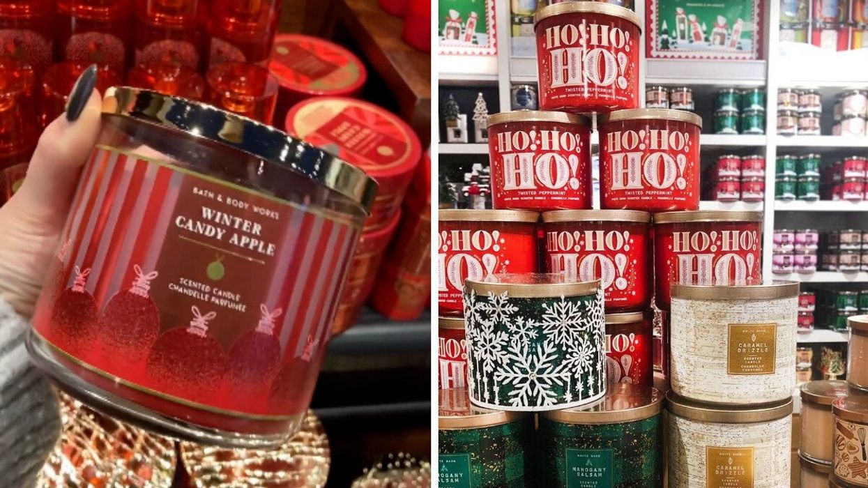red bath & body works three-wick candle. right: stack of holiday-themed bath & body works three-wick candles