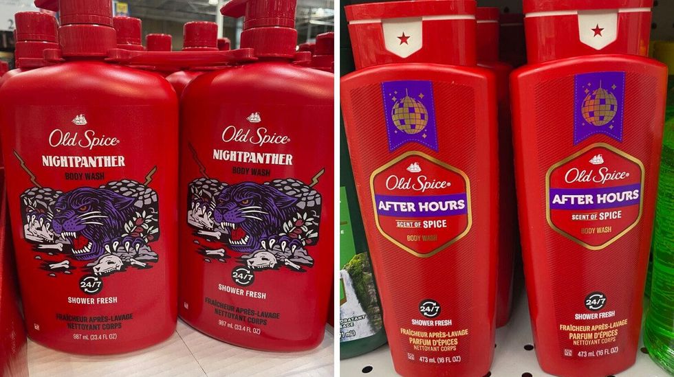 Red bottles that sale Old Spice body wash on the front with an animal on the front. Right: Red bottles of body wash that say Old Spice on the front.