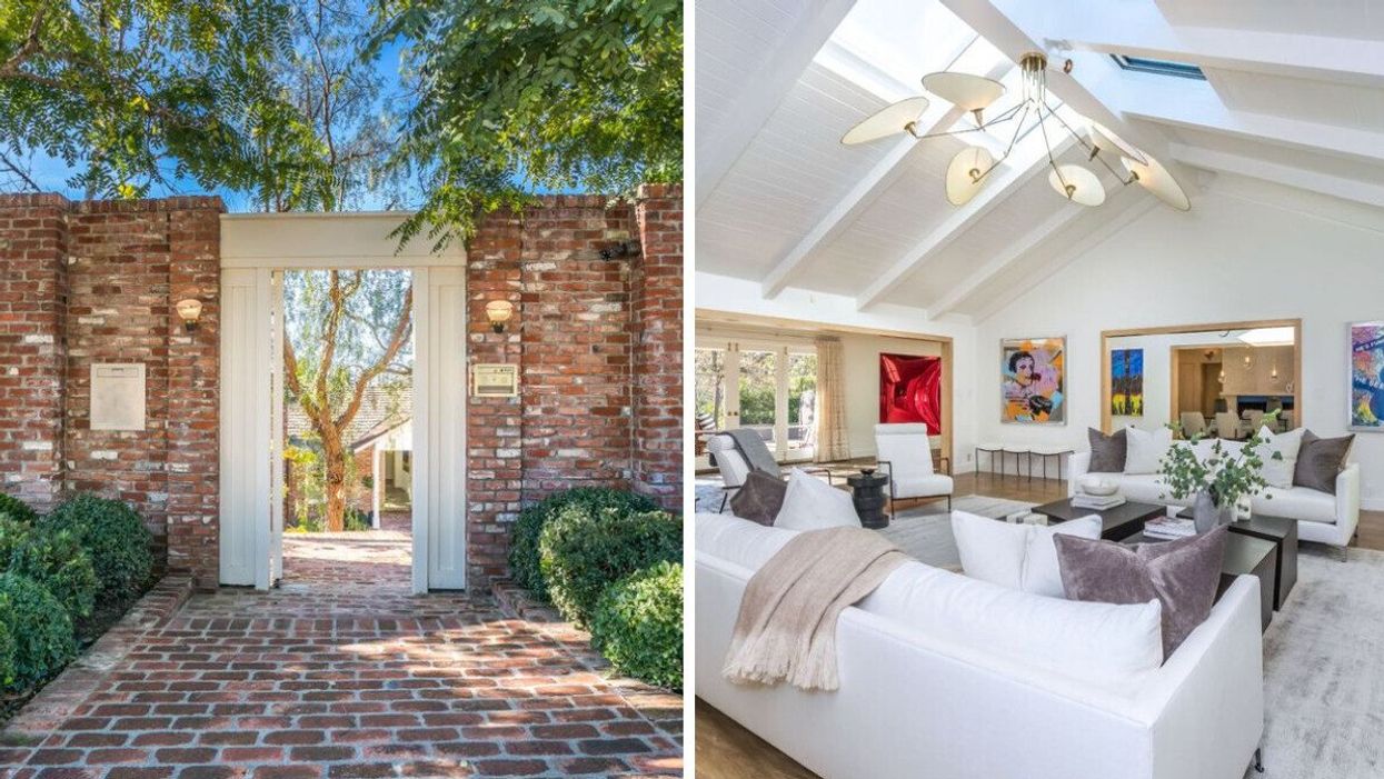 Red-brick gated entrance at Jim Carrey's house. Right: One of the living rooms in Jim Carrey's L.A. home.