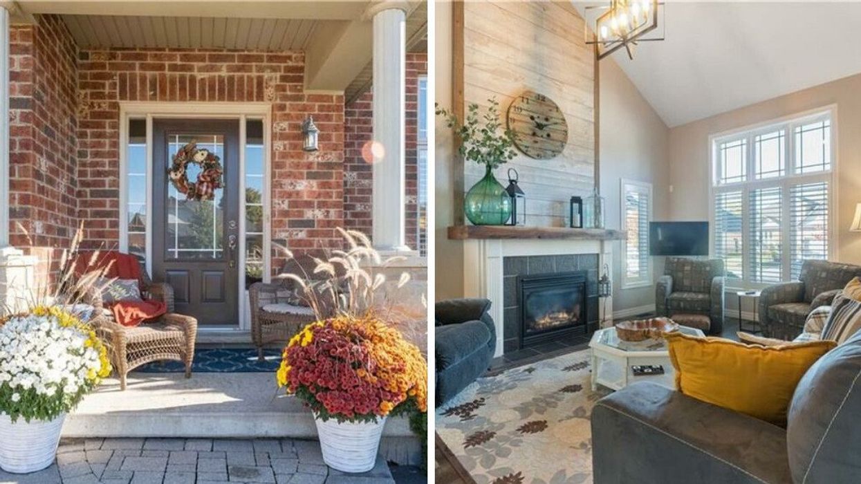 red brick house with a front porch and potted plants. right: living room with a stone fireplace, couches and a vaulted ceiling
