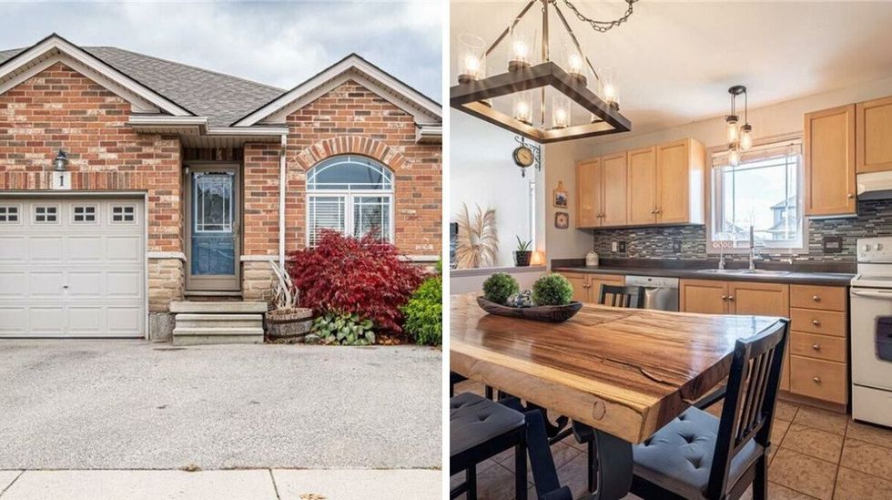 red brick house with a garage in paris, ontario. right: kitchen in the house with a wooden table.
