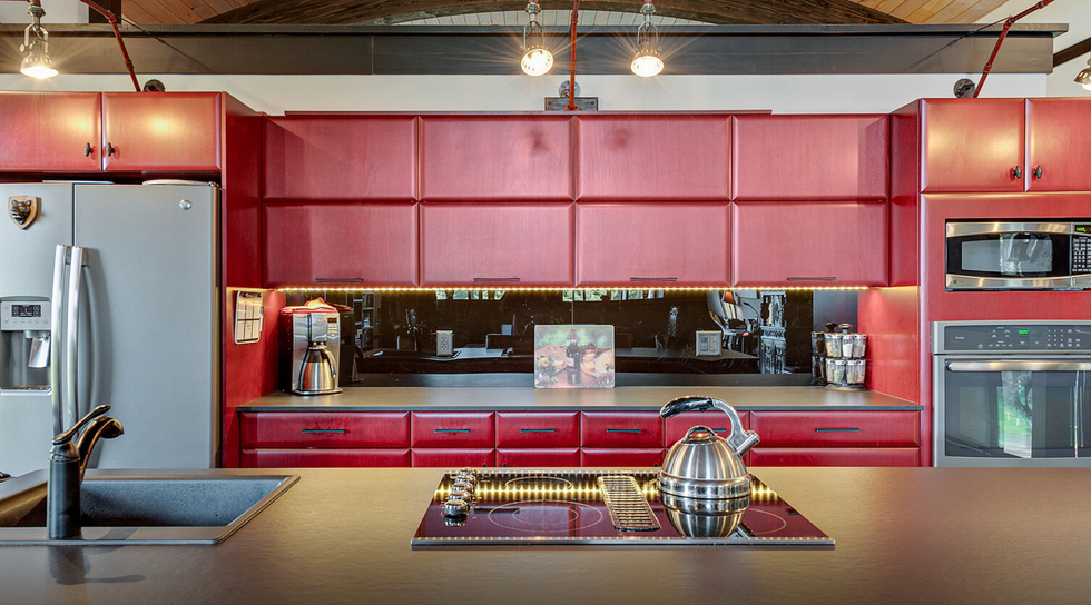 Red kitchen in the home.