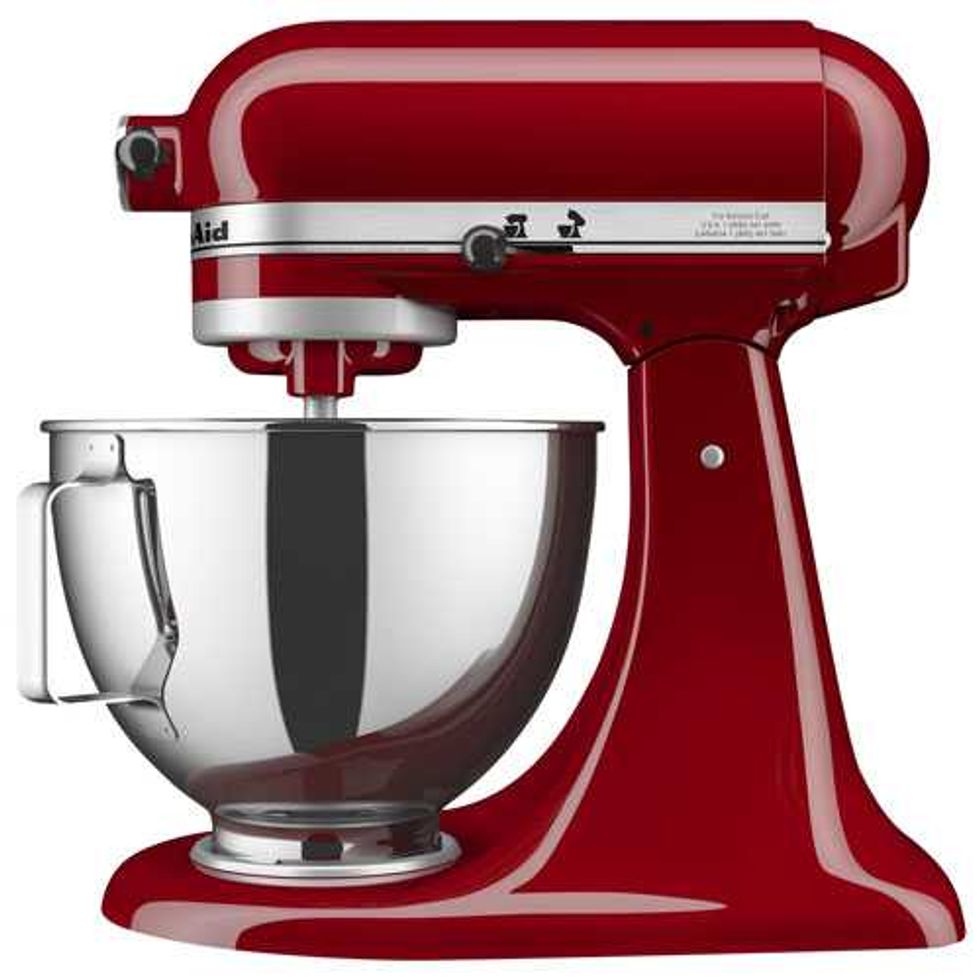 red KitchenAid Deluxe tilt-head stand mixer