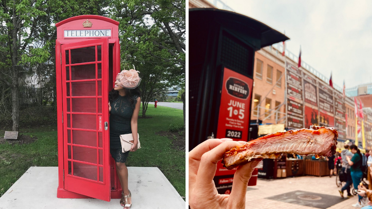 Red phone booth at Earnscliffe National Historic Site. Right: Eating ribs on Sparks Street.