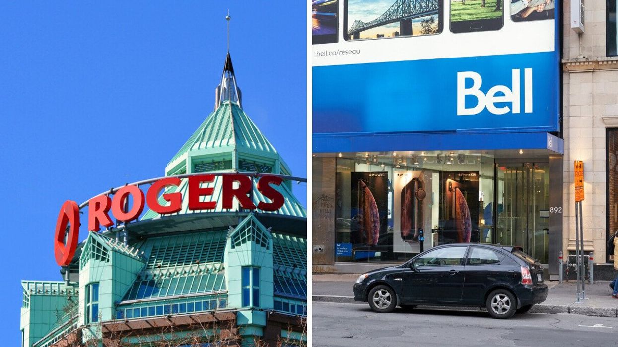 red rogers sign on the green headquarters building in toronto. right: bell canada store with a blue sign in montreal