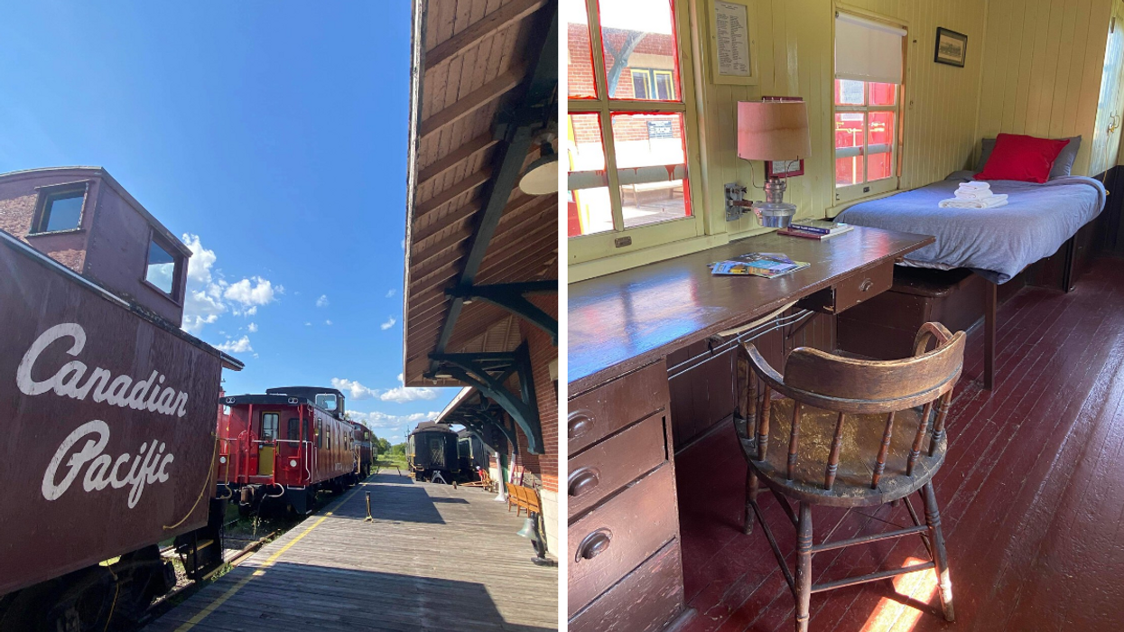 Red train caboose Airbnb rental at a historic railway station in Ontario.