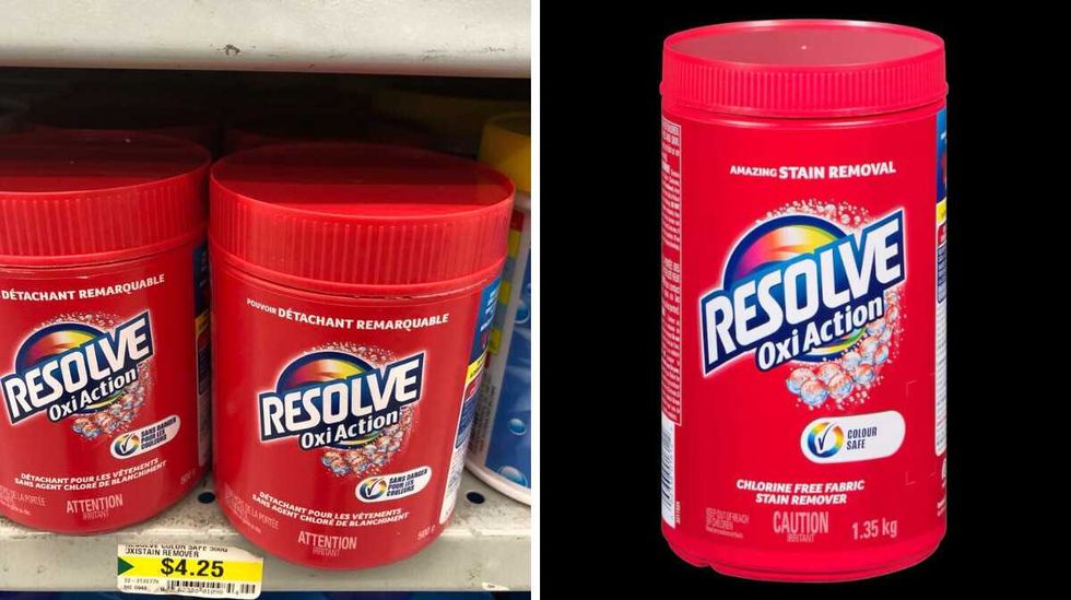 Red tubs that say Resolve Oxi Action on them sitting on a store shelf. Right: A red tub that says Resolve Oxi Action on it.