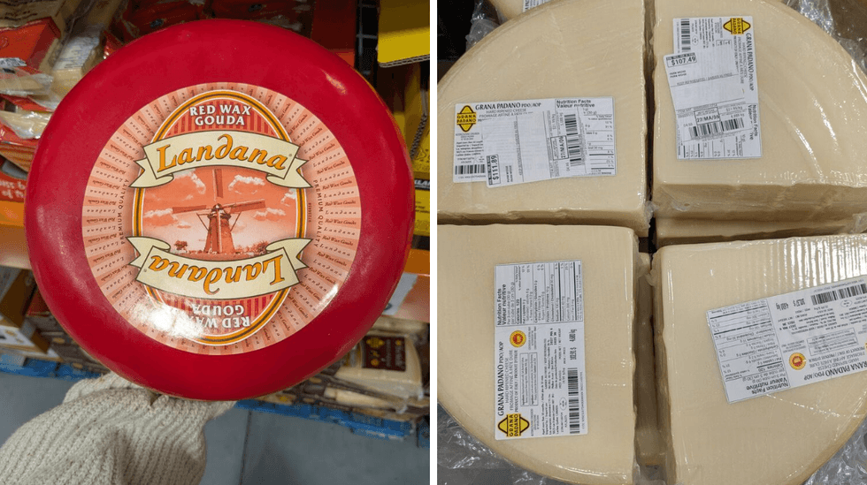 Red wax Gouda and packaged Grana Padano cheese slices on display.