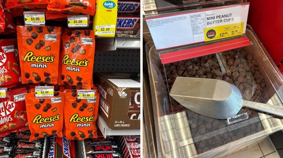 Reese's Minis at Dollarama. Right: Reese's mini peanut butter cups at Bulk Barn.