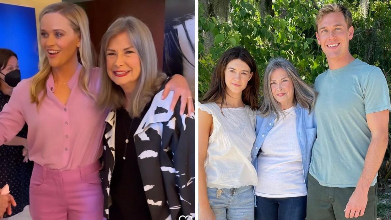 Reese Witherspoon with Delia Owens. Right: Delia Owens with 'Where The Crawdads Sing' stars Daisy Edgar-Jones and Taylor John Smith.