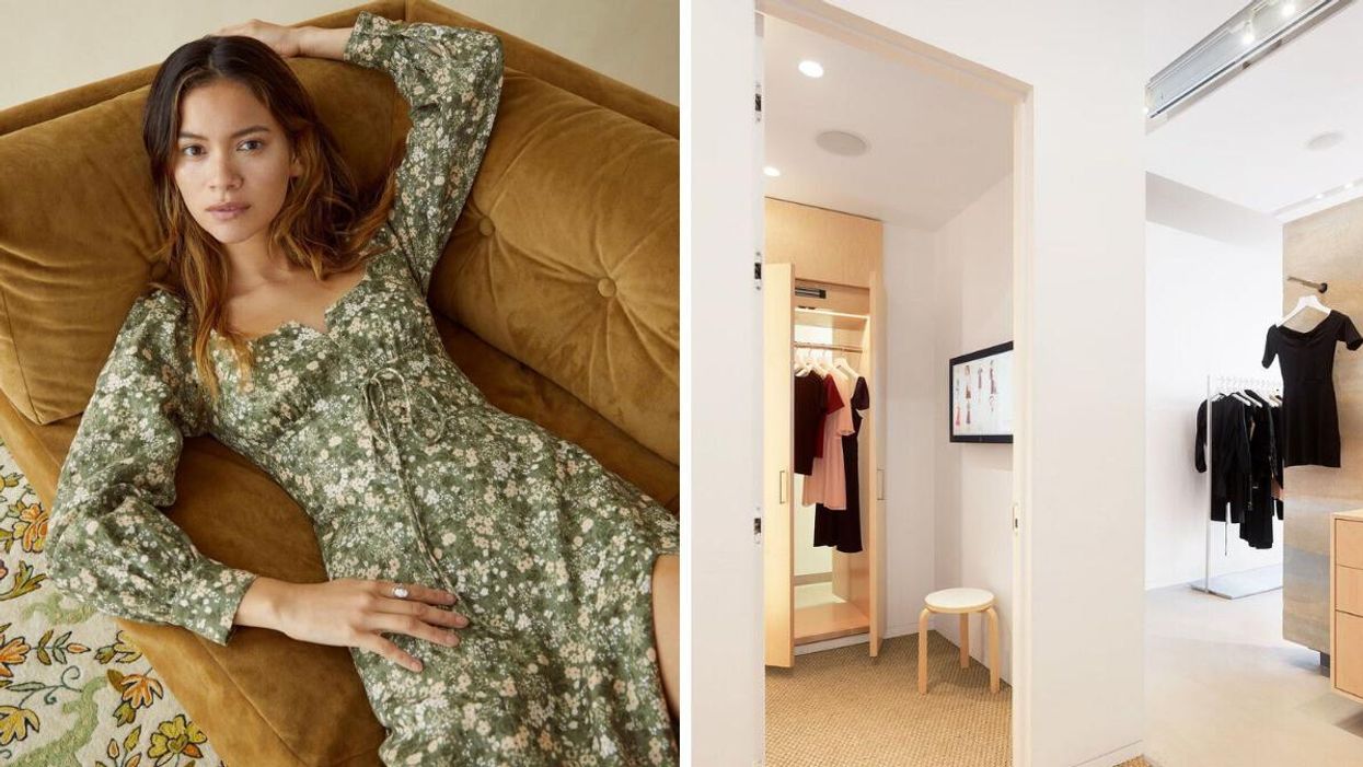 Reformation model. Right: Dressing rooms at Reformation.