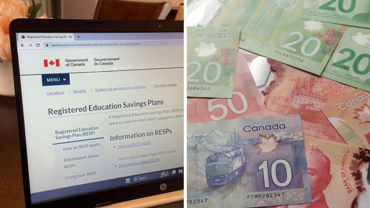 Registered Education Savings Plan site from the government of Canada. Right: Canadian money.