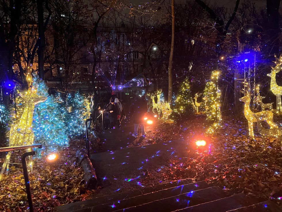 Reindeer displays along the stairs.