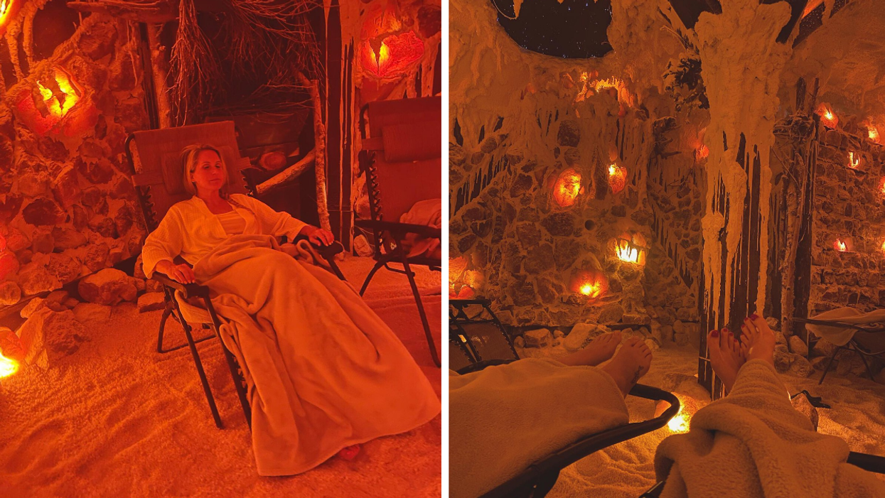 Relaxing in a salt cave room at Santé Salt Spa near Toronto.
