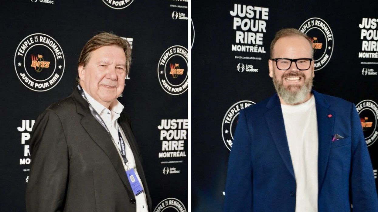 Rémy Girard sur le tapis rouge Les Boys. Droite : Michel Charette sur le tapis rouge Les Boys.