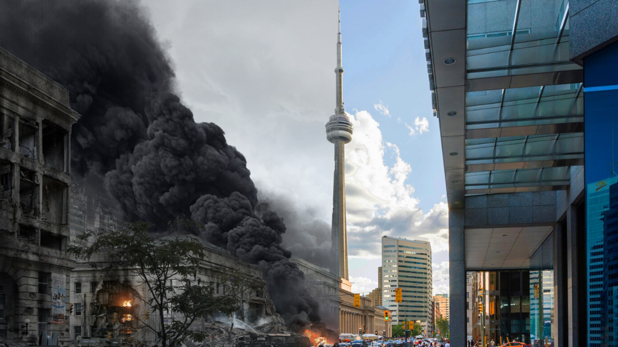 Rendered images of Toronto before and after imagined bombings.