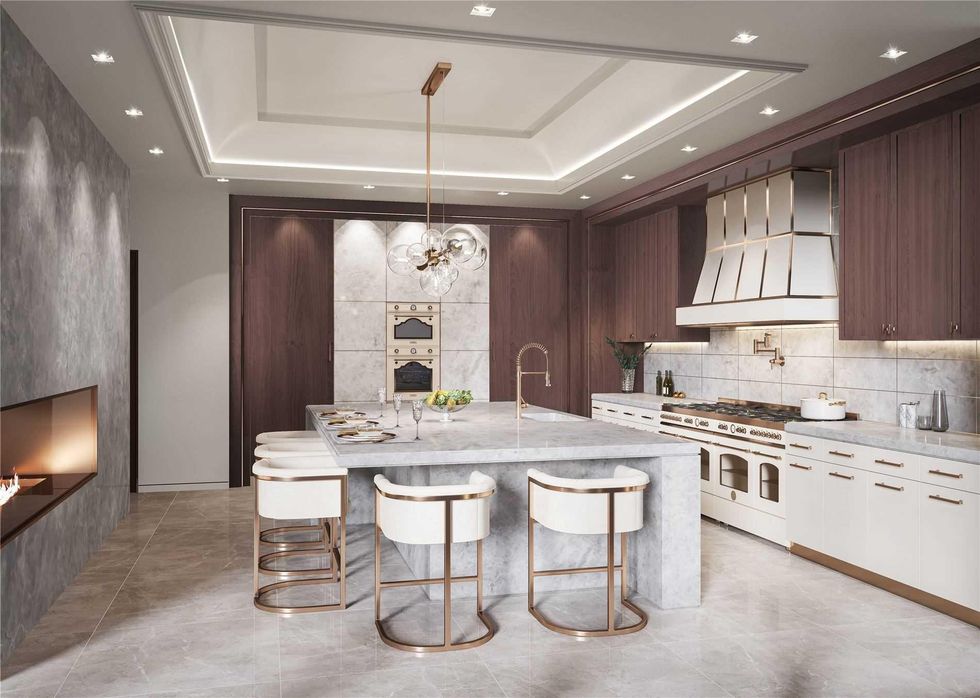 Renderings of the kitchen and fireplace.