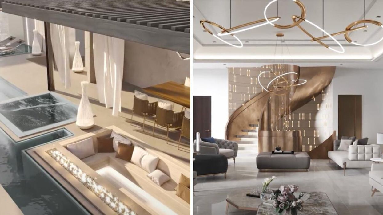 Renderings of the rooftop infinity pool and hot tub. Right: Renderings of the interior of the condo.