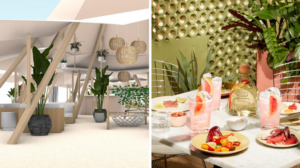 Rending of beach club experience in Toronto, Ontario. Right: Table with drinks and tropical plants.