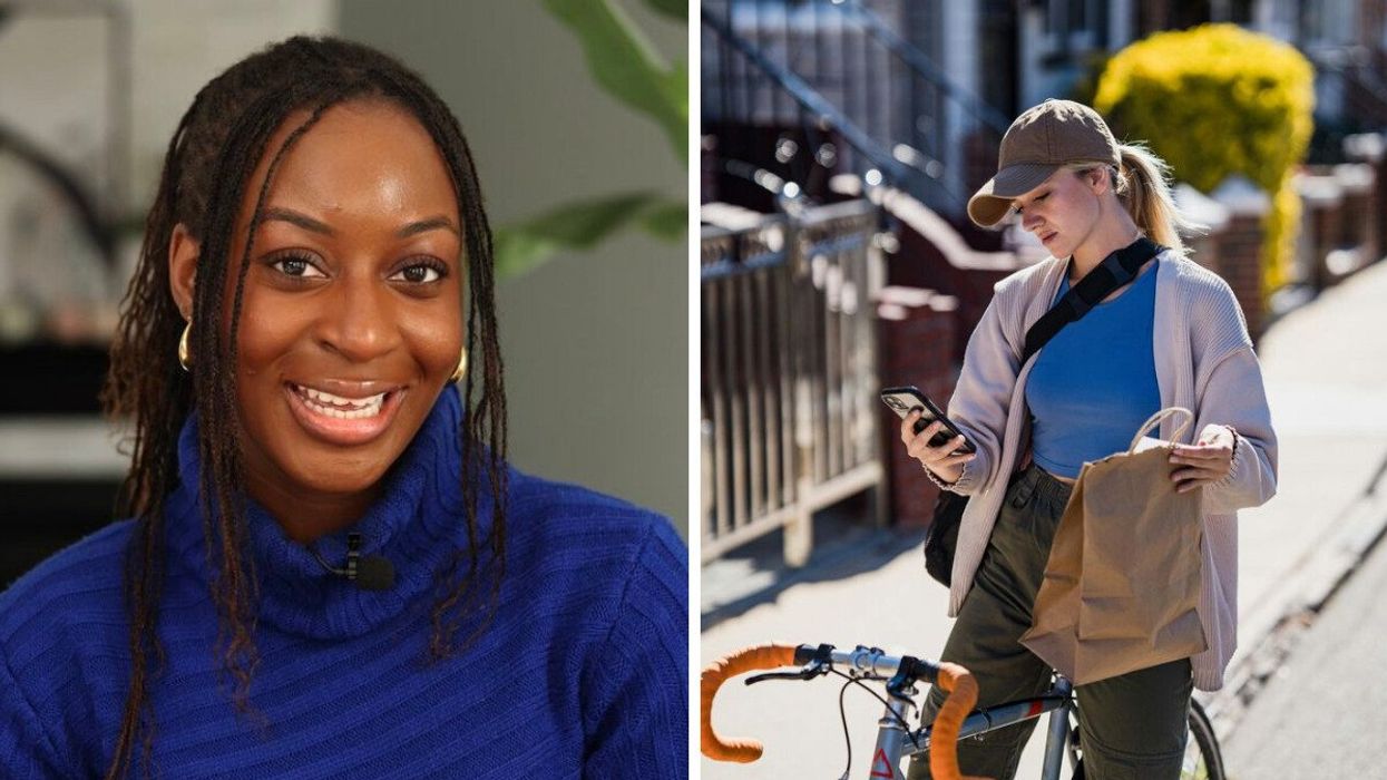 Reni Odetoyinbo wearing a blue sweater. Right: A delivery rider on a bike checks their phone while holding a paper bag.