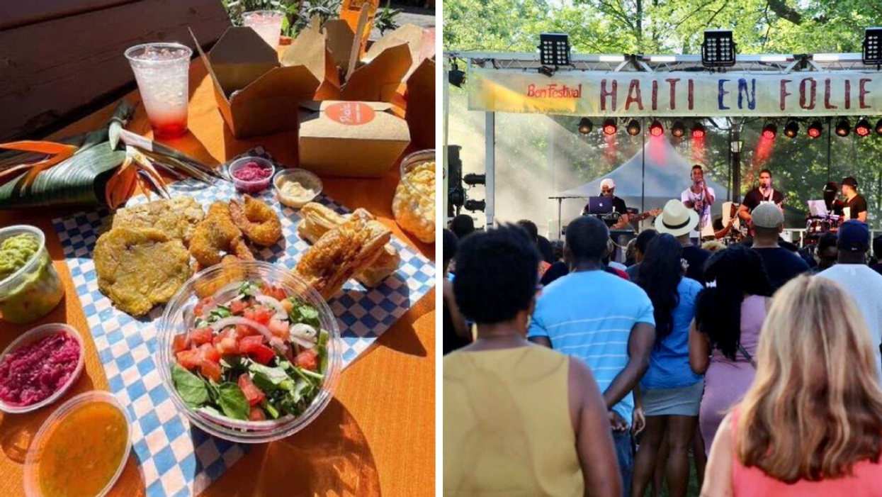 Repas du restaurant Pikliz. Droite : Spectacle au Festival Haïti en Folie.