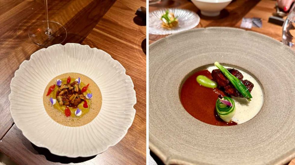 Repas v\u00e9gane au JOLA un \u00e9toil\u00e9 Michelin \u00e0 Vienne. Droite : Repas v\u00e9gane au champignon au JOLA un \u00e9toil\u00e9 Michelin \u00e0 Vienne.
