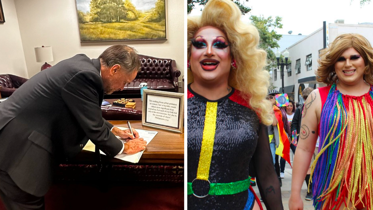 Representative Steve Toth signing a bill. Right: Drag queens in a parade.