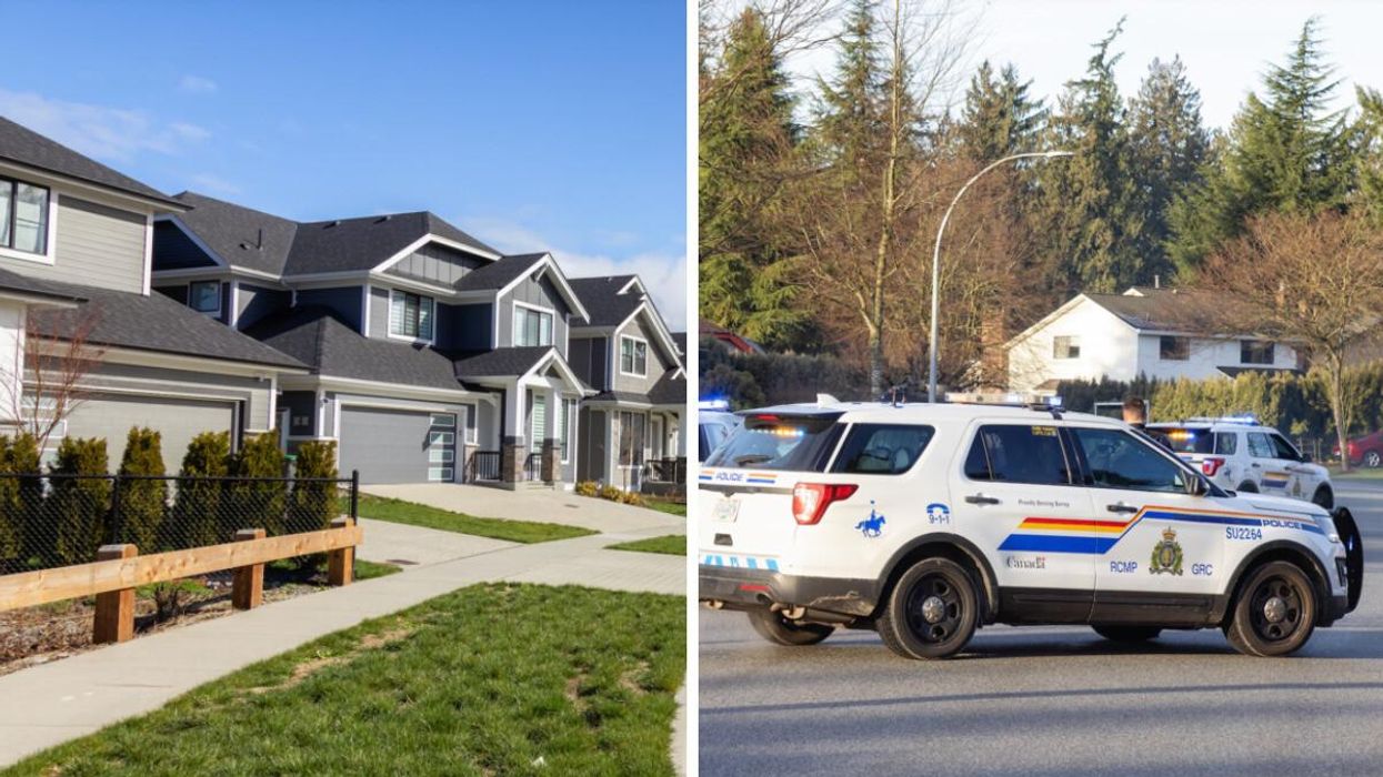 Residential homes. Right: BC RCMP in a suburban area.